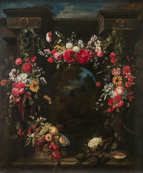 Guirlande de fleurs, fruits et légumes entourant un paysage avec un dieu fleuve