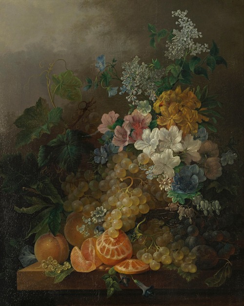 A still life with flowers, peaches, grapes and a peeled orange, all resting on a table