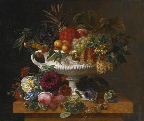 A Classical Urn with Gooseberries, Apricots, Currents, Cherries, Peaches and Pineapple set on a Flower Covered Plinth
