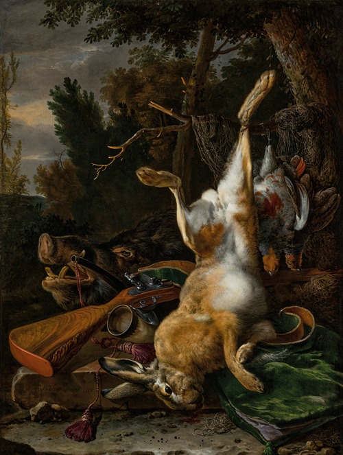 A game still life with a hung hare, a boar’s head and a musket in a landscape