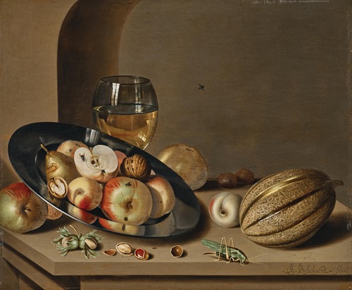 Apples, pears, peaches and walnuts on a pewter plate with fruit, a roemer, a melon, chestnuts and a grasshopper on a stone ledge in a niche