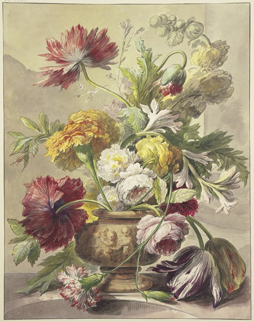 Blumenstrauß in einer Vase mit Basrelief von Mohn, Rosen, Tulpen, quer über der Vase hängt eine geknickte Nelke