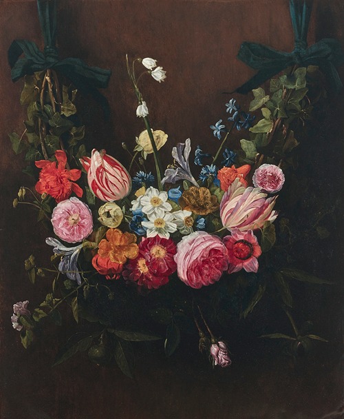 A garland of flowers with tulips, daffodils, lilies of the valley suspended from ribbons