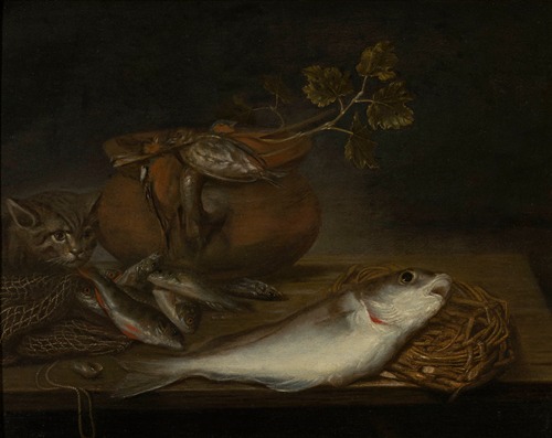 Stilleven met vissen, vogels en een kat