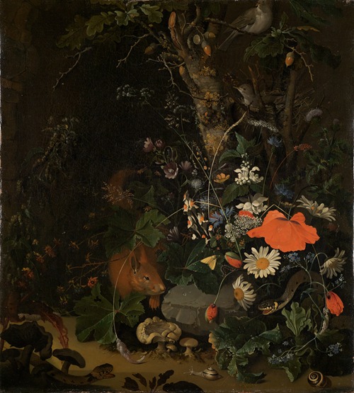 Dickicht mit Blumen und Tieren