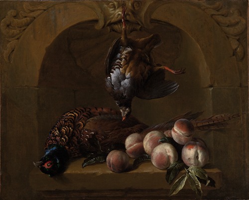 Still life with red-legged partridge, pheasant and peaches