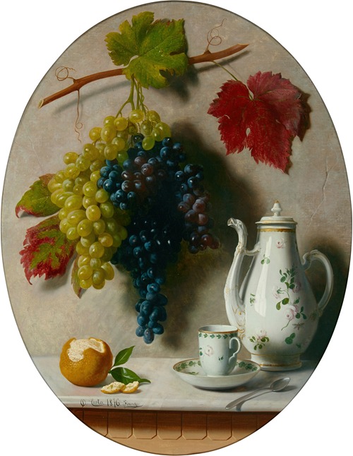 A still life with grapes and tea pot