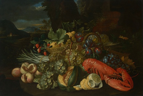 A basket of lemons, asparagus, peaches, a melon, plums, grapes and other fruit with a lobster, in a landscape