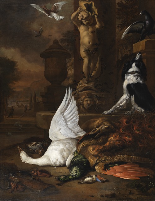 Still life with dead swan, a peacock and a dog by a garden fountain