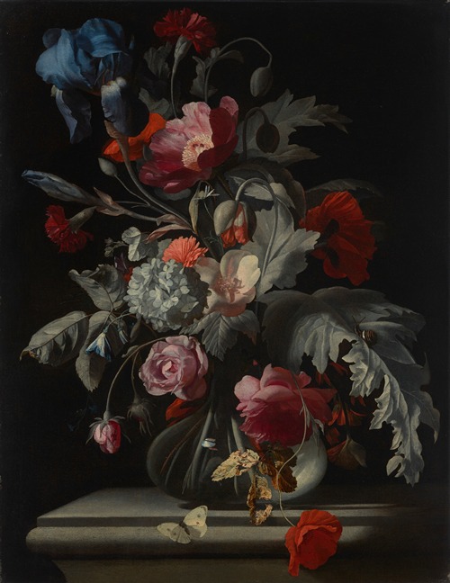 Roses, carnations, poppies, and hydrangea and an iris in glass vase with a snail and a butterfly on a stone ledge