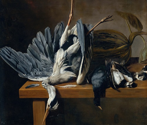 Still Life With A Grey Heron And Other Birds On Ledge
