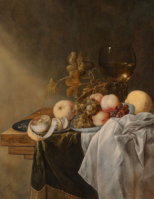 A bowl of peaches and grapes with a roemer and a peeled lemon