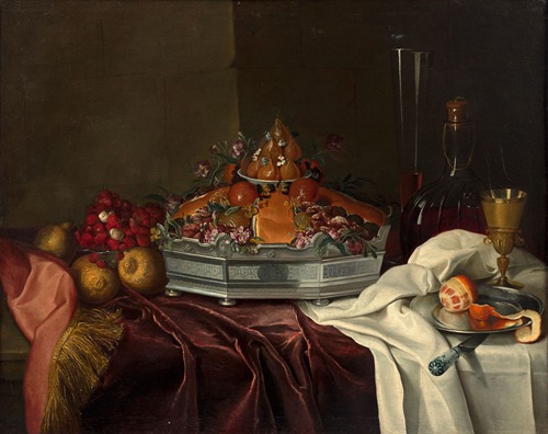 Silver epergne with candied fruits and brioche, wild strawberries and carafe on an entablure