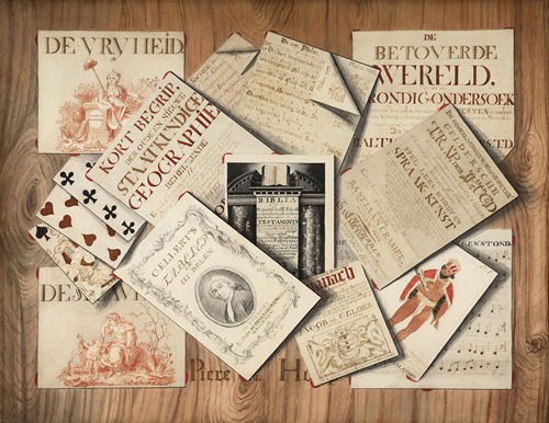 Trompe l’œil of a frontispiece of the Bible, scores and playing cards