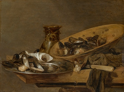 Mussels in pewter and earthenware plates with an upturned roemer, on a wooden table