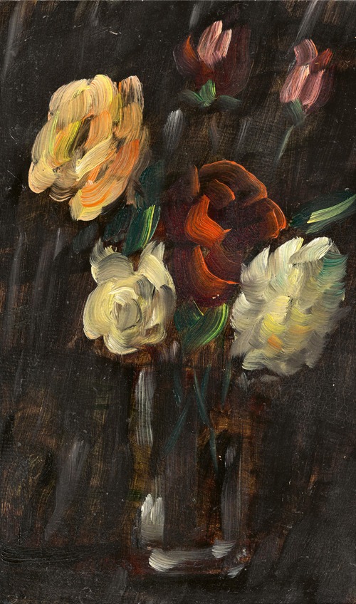 Großes Stillleben; Stillleben auf schwarzem Hintergrund, helles Glas mit rosa und roten Rosen