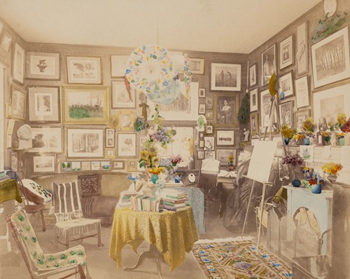 Interior view of room with books, prints, and easel