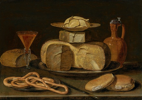 A stack of cheese on a pewter platter, with butter on a plate, a stoneware jug, bread, pretzels, wine in a façon-de-Venise glass and a knife, on a ledge