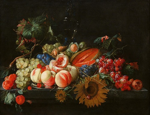 Stillleben mit Pfirsichen und Kirschen auf einer Silberplatte mit anderen Früchten, Nüssen und Sonnenblumen