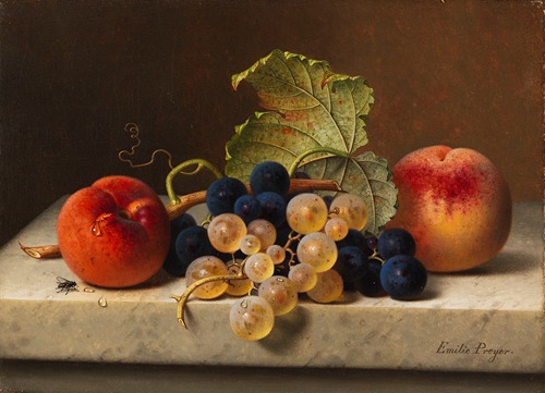 Fruit still life with two peaches and blue and green grapes on the branch and a vine leaf on a marble table top