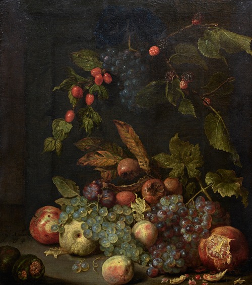 Nature morte aux raisins, pommes, nèfles, mûres, prunes et autres fruits