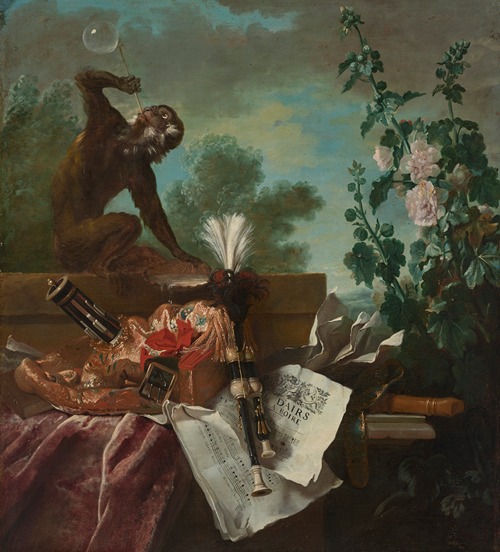 An Allegory of Air; a musical still life with a monkey blowing bubbles, a musette, a flute and music scores