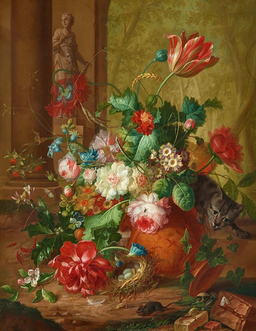 Blumenstillleben mit Steinskulptur, Katze und Maus