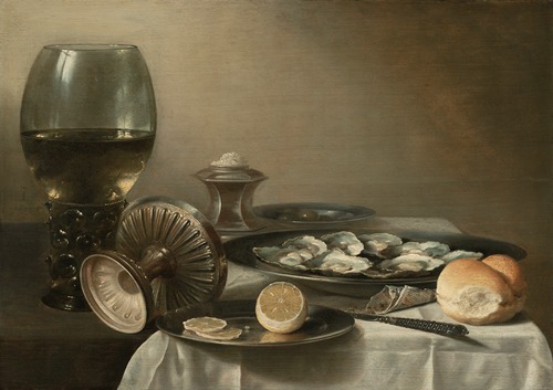 A large roemer, overturned tazza, salt cellar, partially sliced lemon, oysters, pepper, knife and bread on a partially draped table