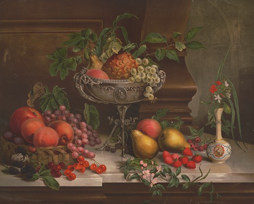 Fruit in a basket and a bowl with flowers in white, red, and blue vase