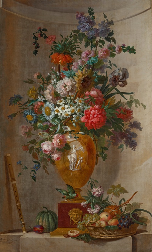 Roses, mums, lilac, a sunflower, an iris and other flowers in a sculpted vase, a basket of fruit and a recorder