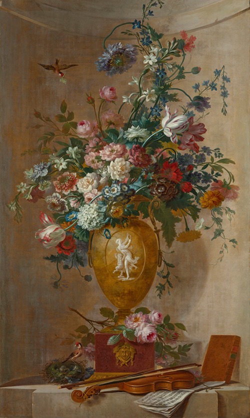 Tulips, roses, narcissi, morning glory and other flowers in a sculpted vase, with a violin and sheet of music