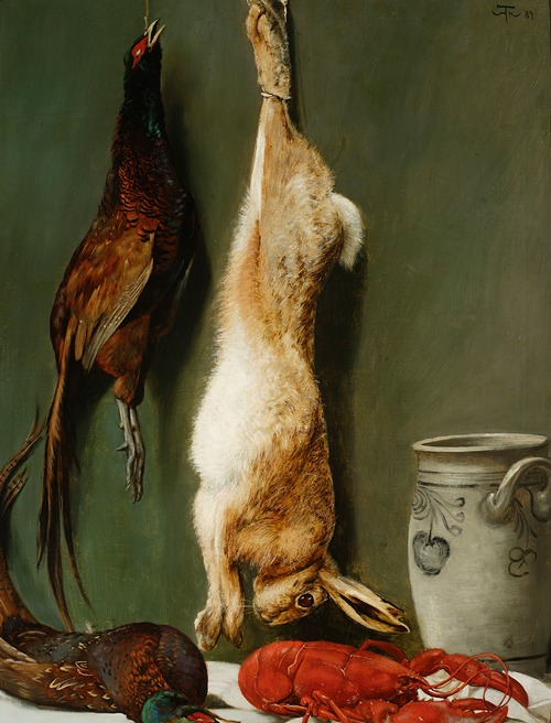 Still life; hare, pheasant, a lobster, and a jug