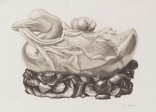 Canard au décor de nénuphar posé sur un socle