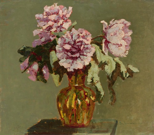 Peonies and small yellow flower-vase