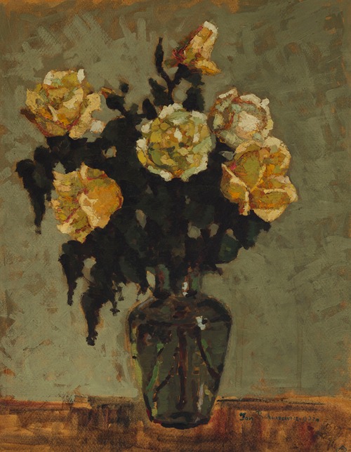 Tea Roses in a Green Vase