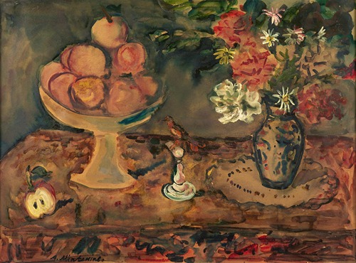 Nature morte au compotier et vase de fleur