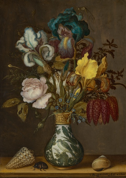 Irises, roses, fritillaries and forget-me-nots in a Wanli vase with two shells and a beetle on a ledge