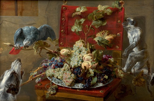 Plate of fruits on a chair surrounded by a parrot, a monkey and a dog