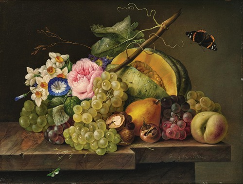 Still Life with Grapes, Pumpkin, Pear, Walnuts, Rose, Daffodils, and Butterfly