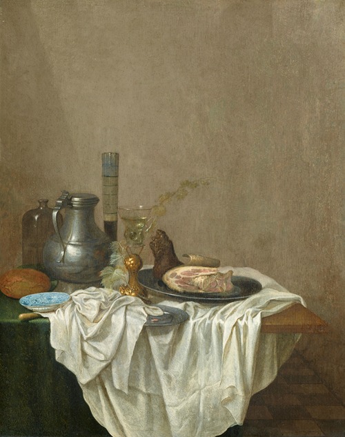 Stillleben mit Zinnkrug, Gläsern, Schinken und Brot