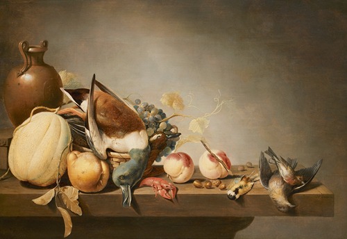 Stilleven met vruchten en dode vogels