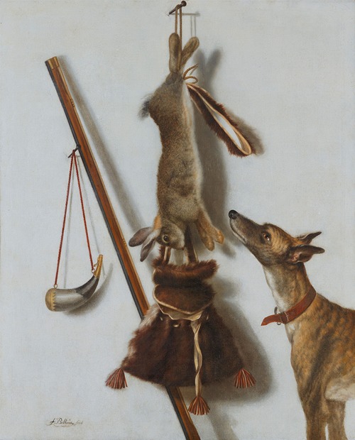 Trompe- l’Œil mit erlegtem Kaninchen, Jagdutensilien und einem Jagdhund vor einer weißen Wand