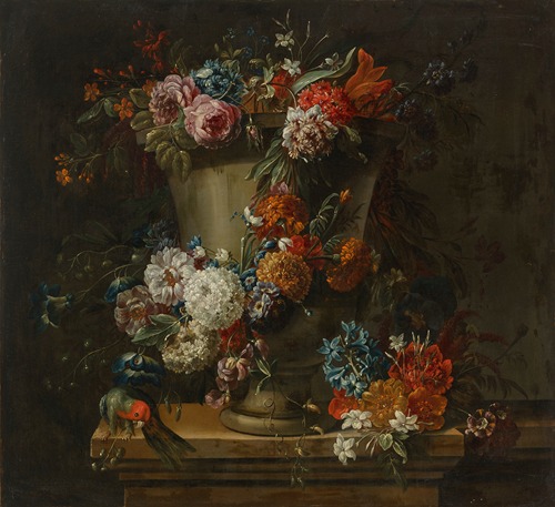 Flowers in a clay urn on a ledge