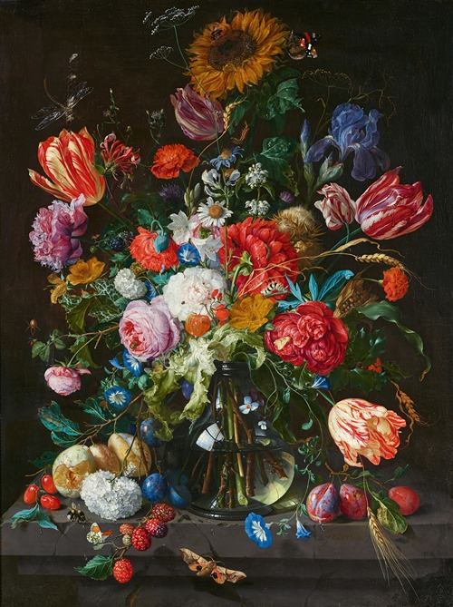 Stillleben mit Blumen und Früchten auf einer Steinkonsole