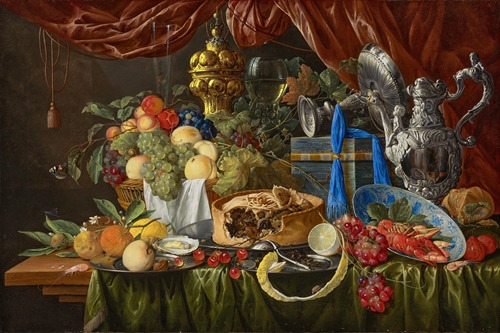 A pie on a pewter plate, a partially peeled lemon and overturned silver spoon on a pewter plate