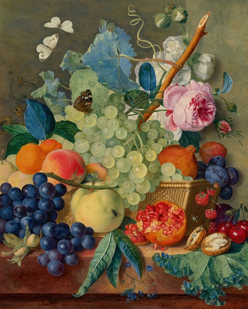 Fruit, roses and peonies in a basket with hazelnuts on a marble ledge