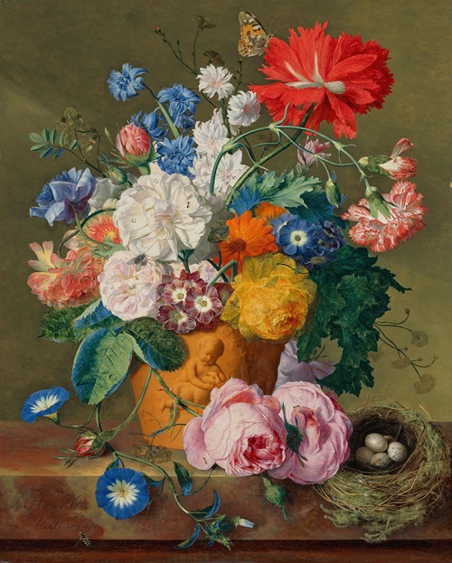 Roses and other flowers in a terracotta vase with a bird’s nest on a marble ledge