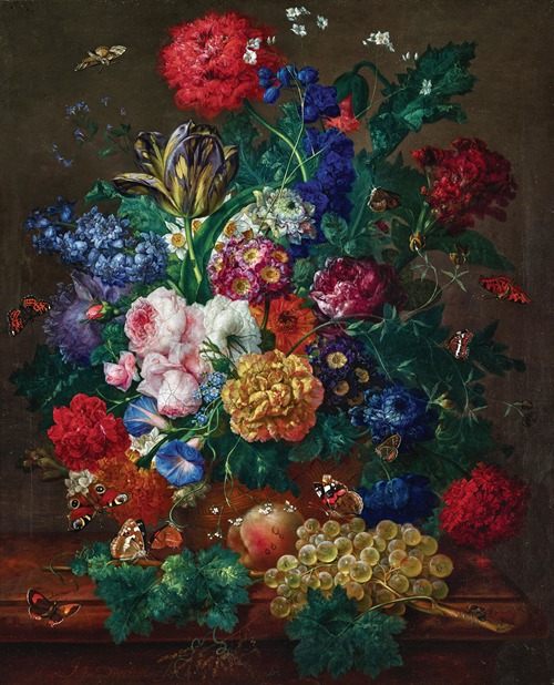 An Elaborate Floral Still Life with Roses, Tulips, Narcissus, Grapes and Butterflies
