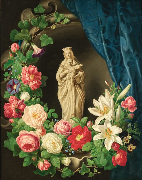 Madonna with child in a floral tendrils of roses, lilies and vetches