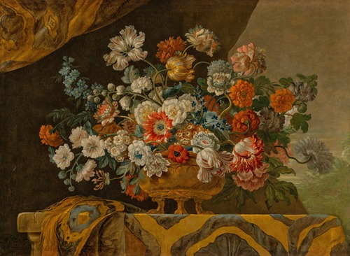 Tulips, poppies, roses, anemones and other flowers in an urn, on a draped stone ledge